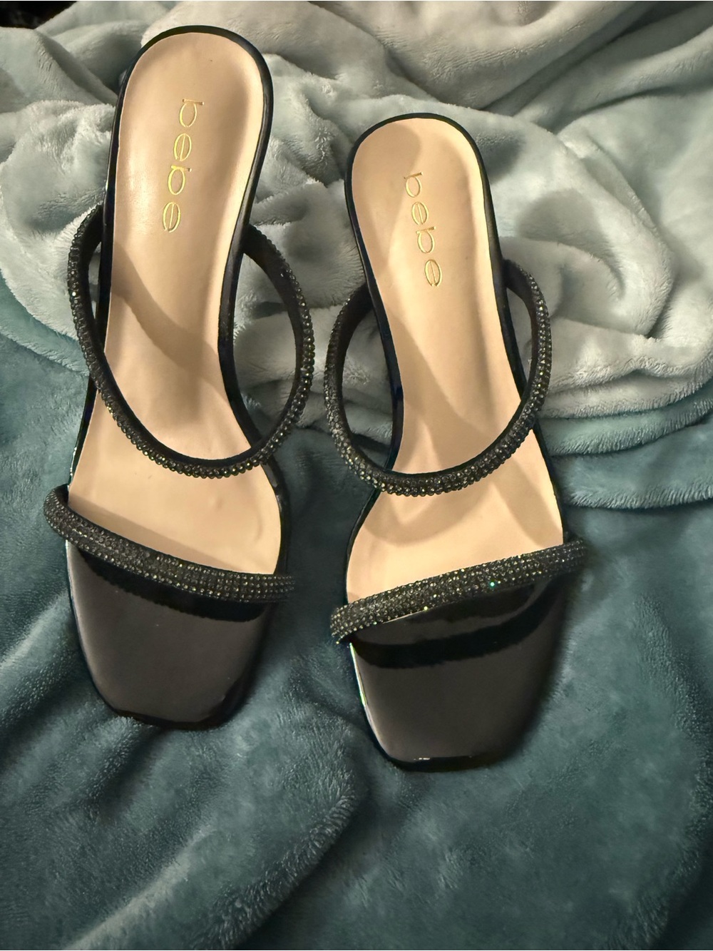 Bebe Black Strappy Slide Sandals with Rhinestone Accents 6